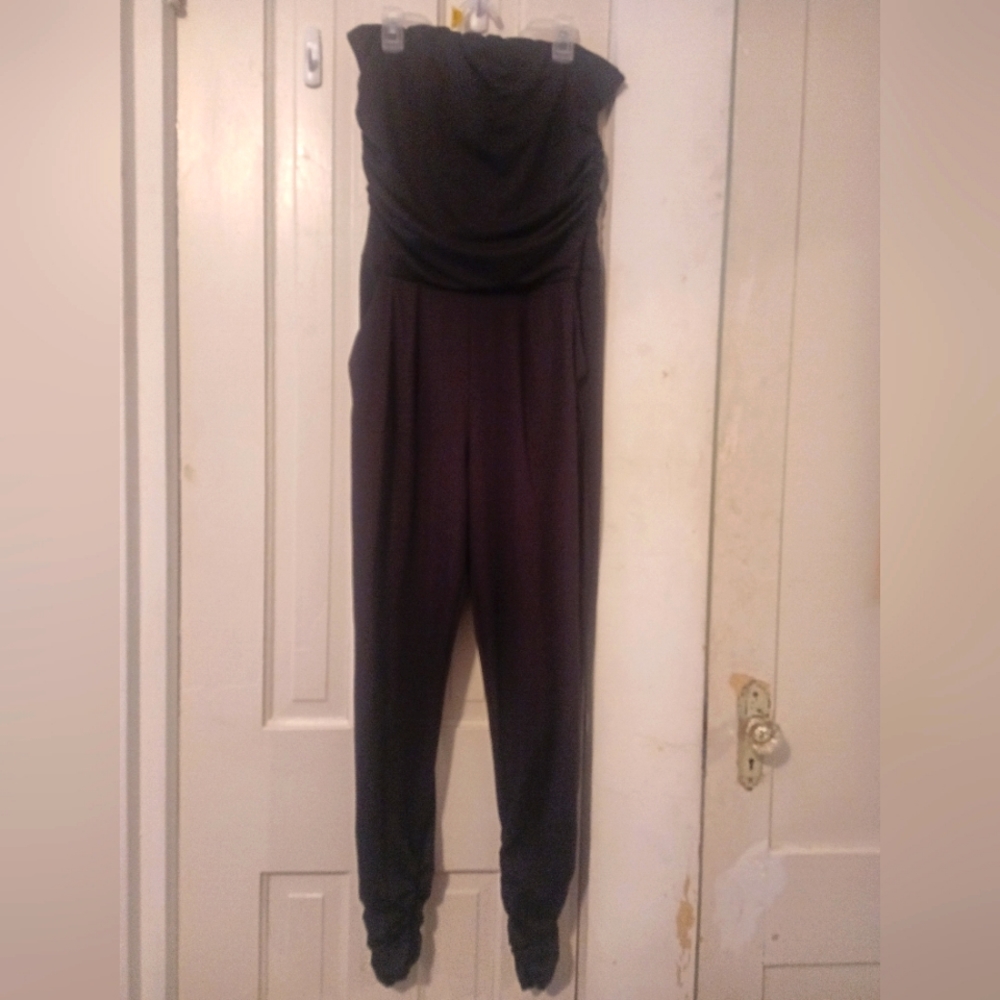 Black strapless jumpsuit with ruching